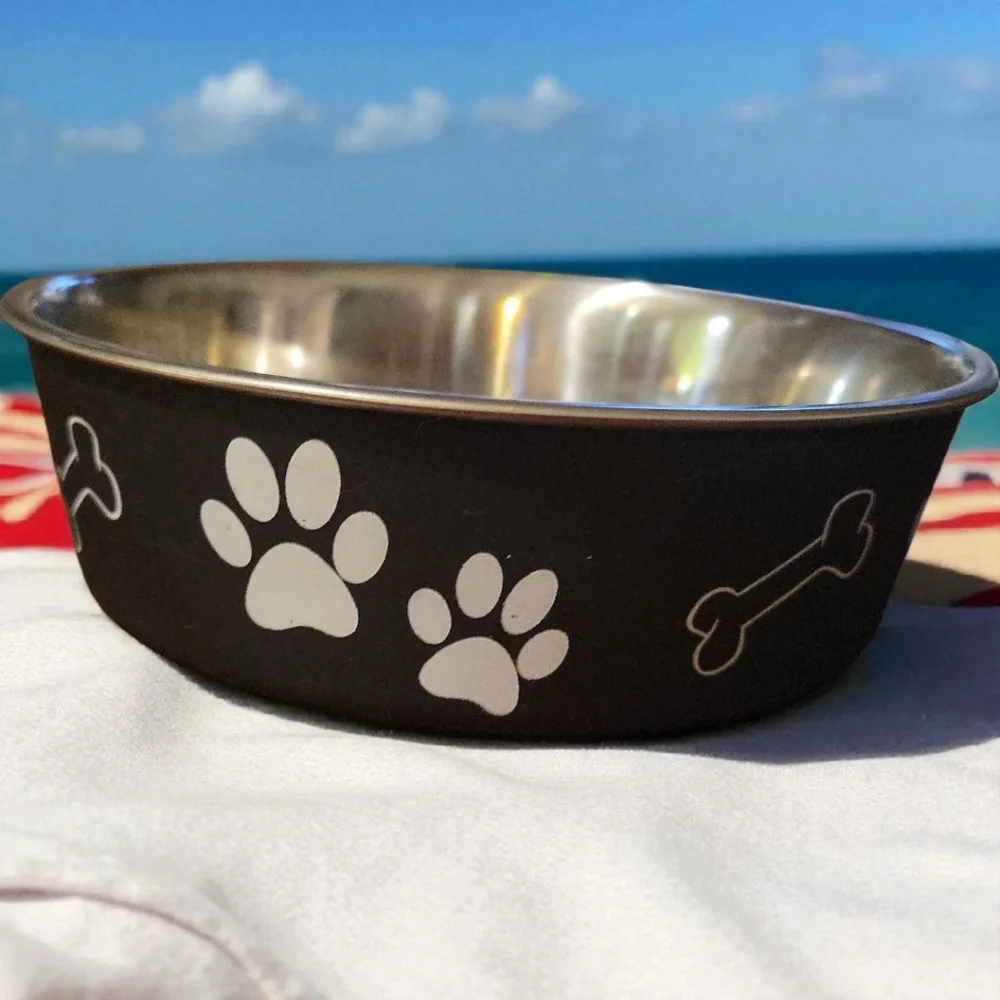Pet Dog Cat Anti Skid STAINLESS STEEL Paw Prints Bones M 27 Oz Bella Bowl Rubber